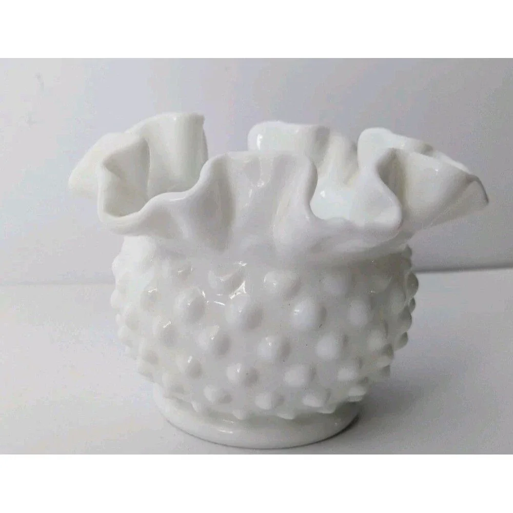 Vintage Fenton Hobnail Milk Glass Ruffled Edge Miniature Vase